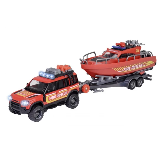 Set masina de pompieri Land Rover cu barca de salvare