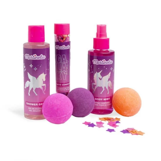 Set de baie pentru copii cu gel de dus, parfum de corp, confetti si 3 bombe de baie
