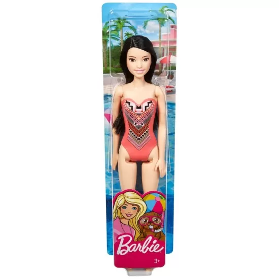 Papusa Barbie bruneta cu costum de baie cu modele geometrice Papusa Barbie bruneta cu costum de baie cu modele geometrice