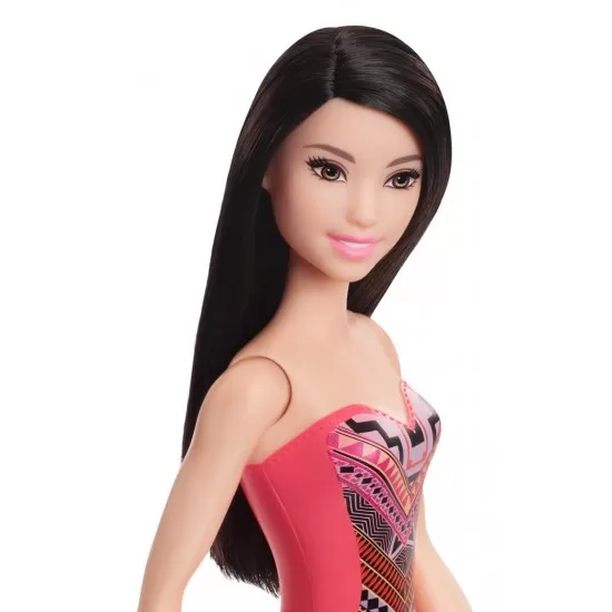 Papusa Barbie bruneta cu costum de baie cu modele geometrice Papusa Barbie bruneta cu costum de baie cu modele geometrice