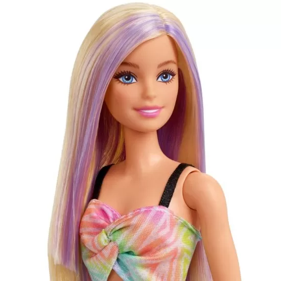 Papusa Barbie Fashionistas blonda cu suvite mov Papusa Barbie Fashionistas blonda cu suvite mov
