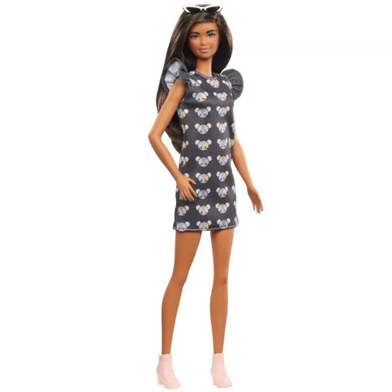Papusa Barbie Fashionistas bruneta cu rochita gri Papusa Barbie Fashionistas bruneta cu rochita gri