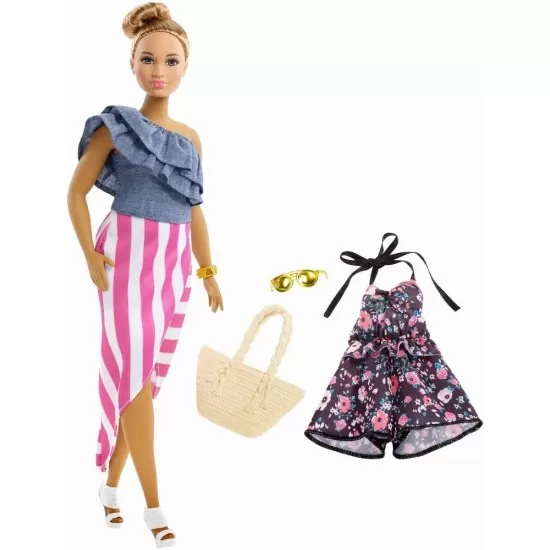 Papusa Barbie Fashionistas cu coc si hainute de schimb Papusa Barbie Fashionistas cu coc si hainute de schimb