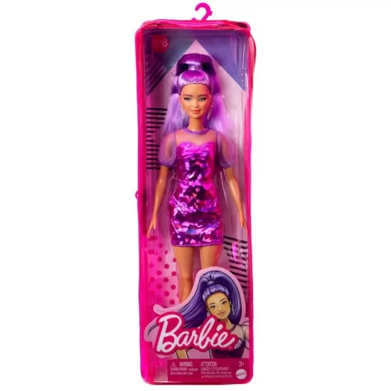 Papusa Barbie Fashionista cu par mov cu rochie cu umeri bufanti Papusa Barbie Fashionista cu par mov cu rochie cu umeri bufanti