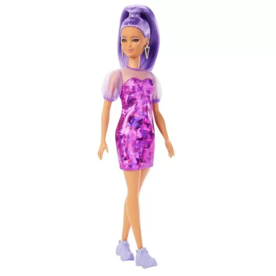 Papusa Barbie Fashionista cu par mov cu rochie cu umeri bufanti Papusa Barbie Fashionista cu par mov cu rochie cu umeri bufanti