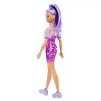 Papusa Barbie Fashionista cu par mov cu rochie cu umeri bufanti