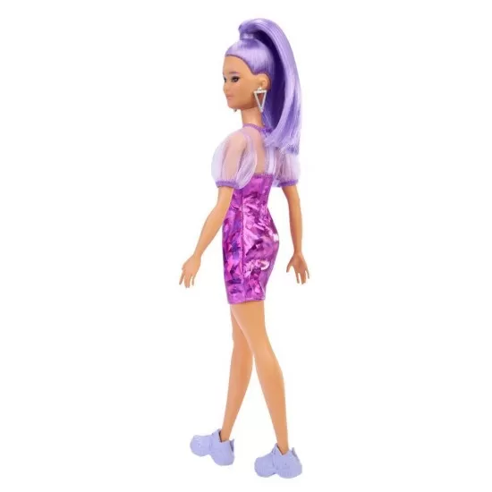 Papusa Barbie Fashionista cu par mov cu rochie cu umeri bufanti Papusa Barbie Fashionista cu par mov cu rochie cu umeri bufanti
