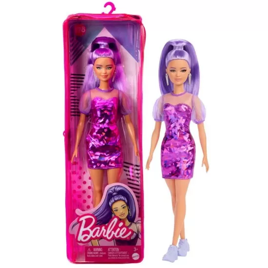 Papusa Barbie Fashionista cu par mov cu rochie cu umeri bufanti Papusa Barbie Fashionista cu par mov cu rochie cu umeri bufanti