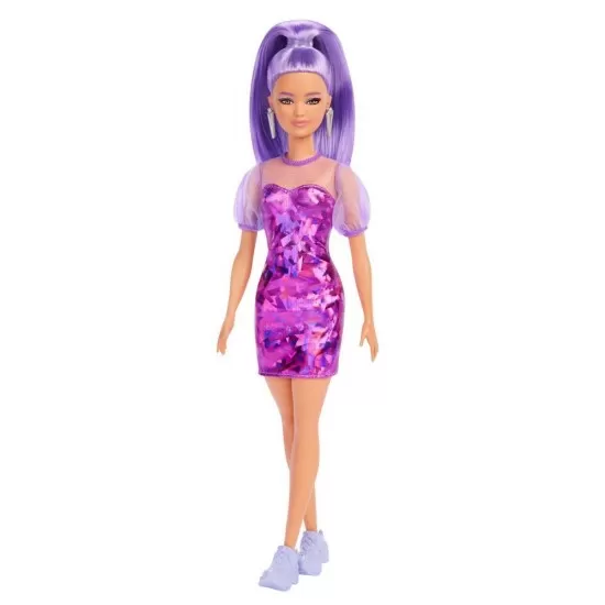 Papusa Barbie Fashionista cu par mov cu rochie cu umeri bufanti Papusa Barbie Fashionista cu par mov cu rochie cu umeri bufanti
