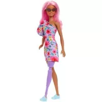 Papusa Barbie Fashionista cu par roz si picior protetic