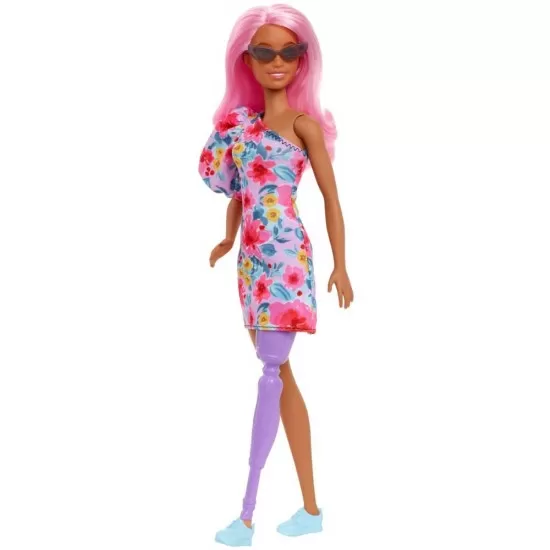 Papusa Barbie Fashionista cu par roz si picior protetic Papusa Barbie Fashionista cu par roz si picior protetic