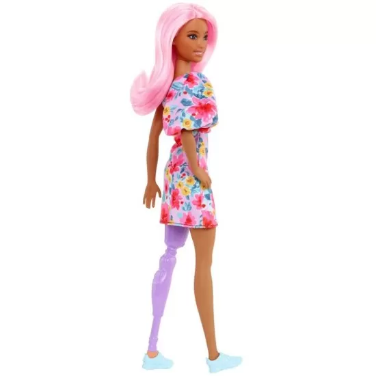 Papusa Barbie Fashionista cu par roz si picior protetic Papusa Barbie Fashionista cu par roz si picior protetic