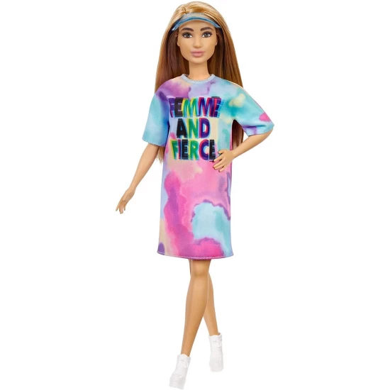 Papusa Barbie Fashionistas cu parul blond si rochita sport