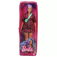 Papusa Barbie Fashionistas cu parul mov si rochita cu stelute