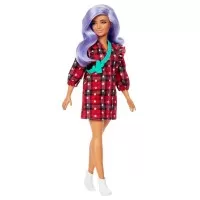 Papusa Barbie Fashionistas cu parul mov si rochita cu stelute