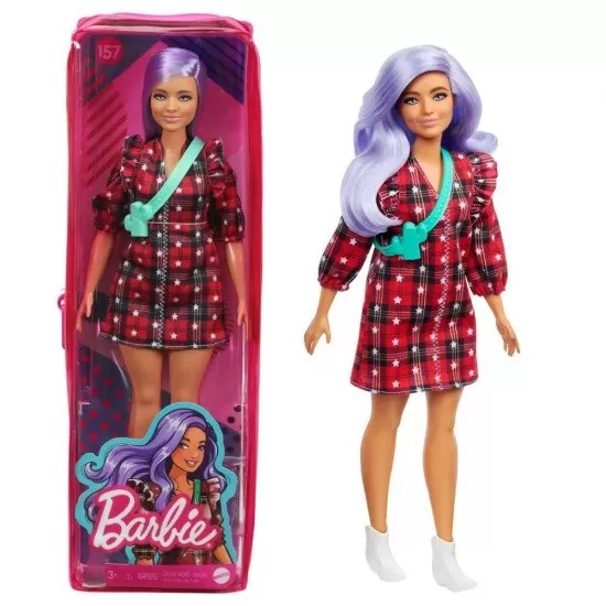 Papusa Barbie Fashionistas cu parul mov si rochita cu stelute Papusa Barbie Fashionistas cu parul mov si rochita cu stelute