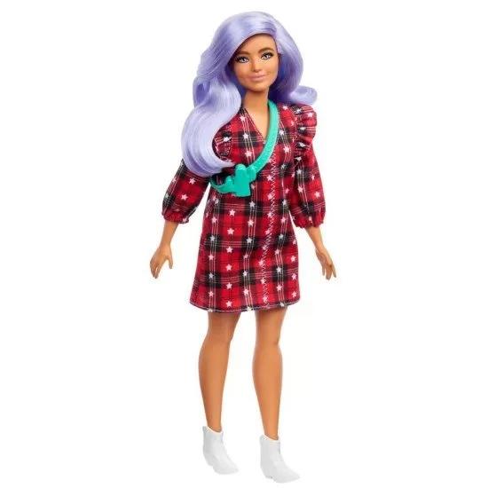 Papusa Barbie Fashionistas cu parul mov si rochita cu stelute Papusa Barbie Fashionistas cu parul mov si rochita cu stelute