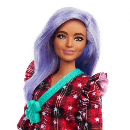 Papusa Barbie Fashionistas cu parul mov si rochita cu stelute Papusa Barbie Fashionistas cu parul mov si rochita cu stelute