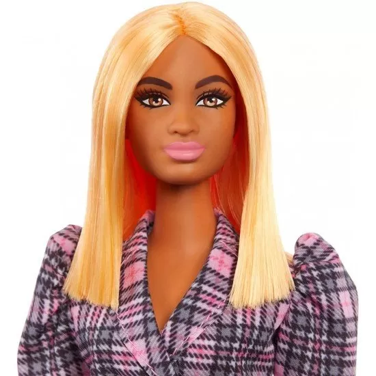 Papusa Barbie Fashionistas cu rochie tip blazer roz in carouri Papusa Barbie Fashionistas cu rochie tip blazer roz in carouri
