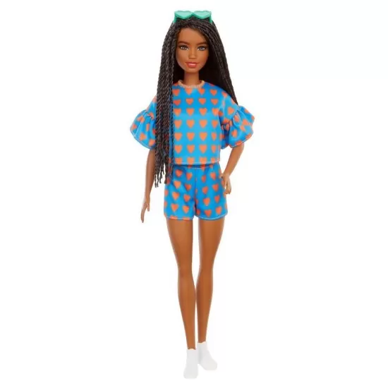 Papusa Barbie Fashionistas satena cu codite impletite si tinuta casual albastra Papusa Barbie Fashionistas satena cu codite impletite si tinuta casual albastra