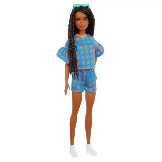 Papusa Barbie Fashionistas satena cu codite impletite si tinuta casual albastra Papusa Barbie Fashionistas satena cu codite impletite si tinuta casual albastra