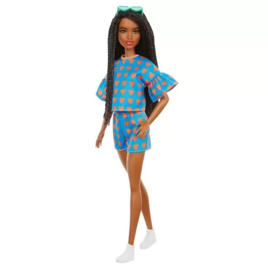 Papusa Barbie Fashionistas satena cu codite impletite si tinuta casual albastra Papusa Barbie Fashionistas satena cu codite impletite si tinuta casual albastra