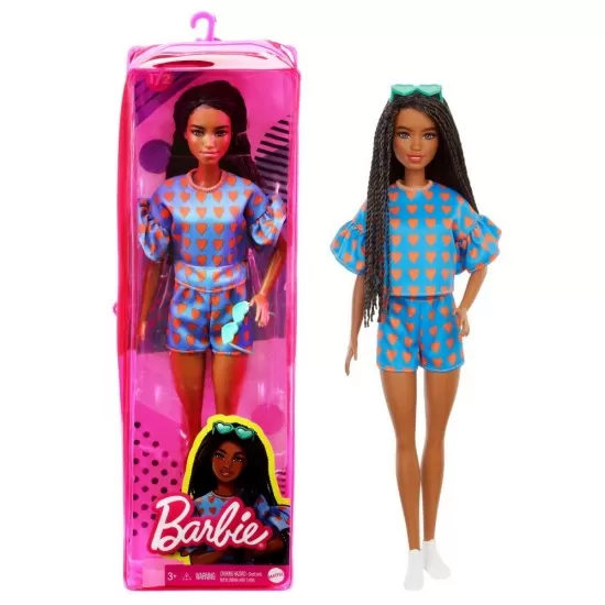 Papusa Barbie Fashionistas satena cu codite impletite si tinuta casual albastra Papusa Barbie Fashionistas satena cu codite impletite si tinuta casual albastra
