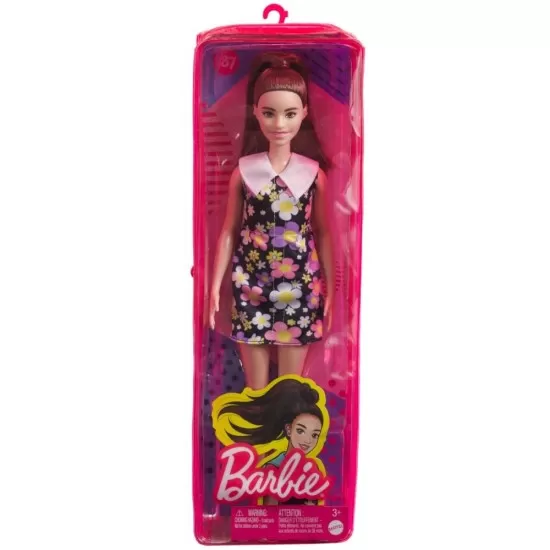Papusa Barbie Fashionistas satena cu rochie cu imprimeu floral Papusa Barbie Fashionistas satena cu rochie cu imprimeu floral