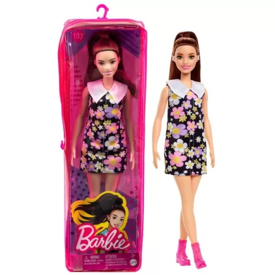 Papusa Barbie Fashionistas satena cu rochie cu imprimeu floral Papusa Barbie Fashionistas satena cu rochie cu imprimeu floral