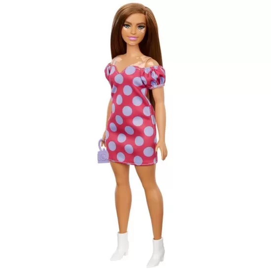 Papusa Barbie Fashionistas satena cu rochie roz cu buline