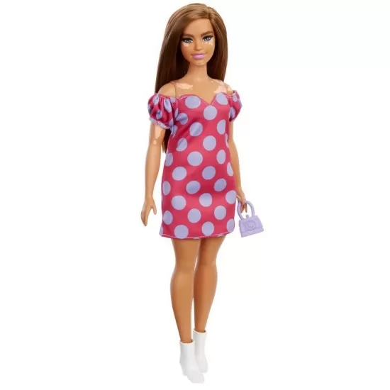 Papusa Barbie Fashionistas satena cu rochie roz cu buline