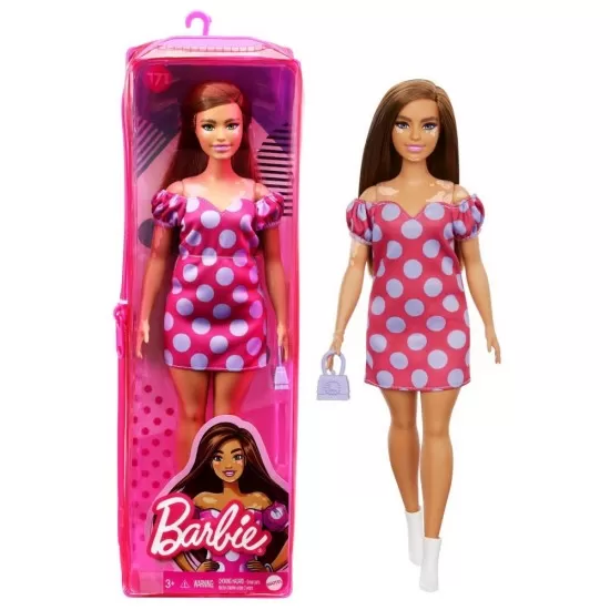 Papusa Barbie Fashionistas satena cu rochie roz cu buline