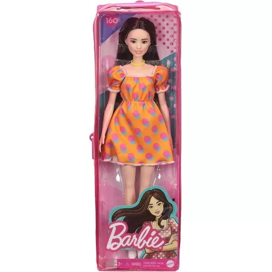 Papusa Barbie Fashionistas satena cu rochita portocalie cu buline Papusa Barbie Fashionistas satena cu rochita portocalie cu buline