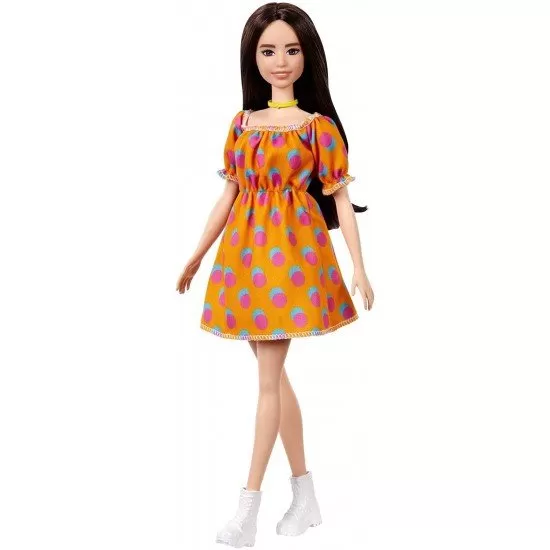 Papusa Barbie Fashionistas satena cu rochita portocalie cu buline Papusa Barbie Fashionistas satena cu rochita portocalie cu buline