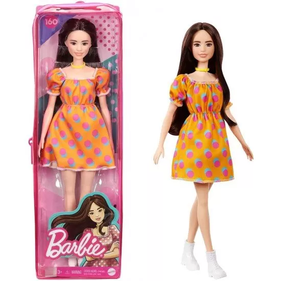 Papusa Barbie Fashionistas satena cu rochita portocalie cu buline Papusa Barbie Fashionistas satena cu rochita portocalie cu buline