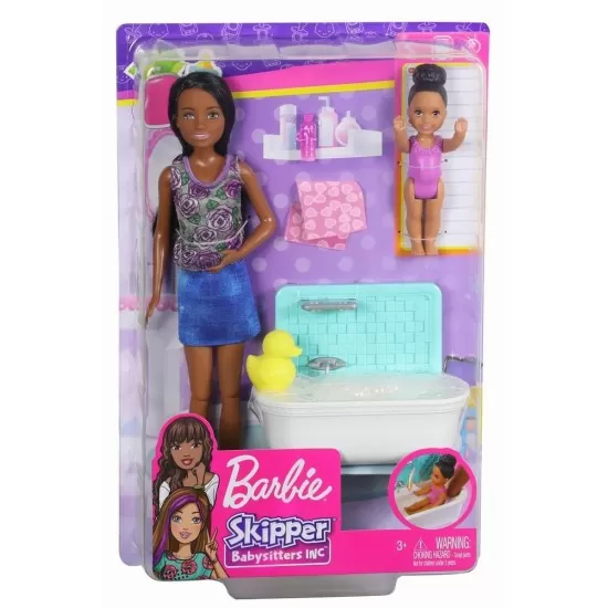 Set de joaca Barbie Babysitters - Papusa bruneta cu bebelus
