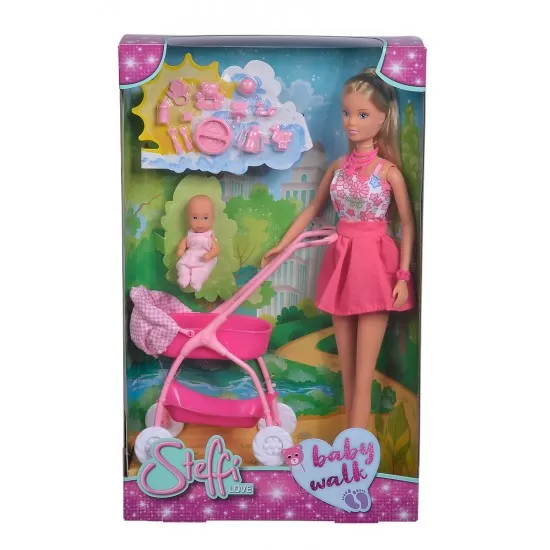 Papusa Steffi in rochita roz si cu carucior bebe Papusa Steffi in rochita roz si cu carucior bebe
