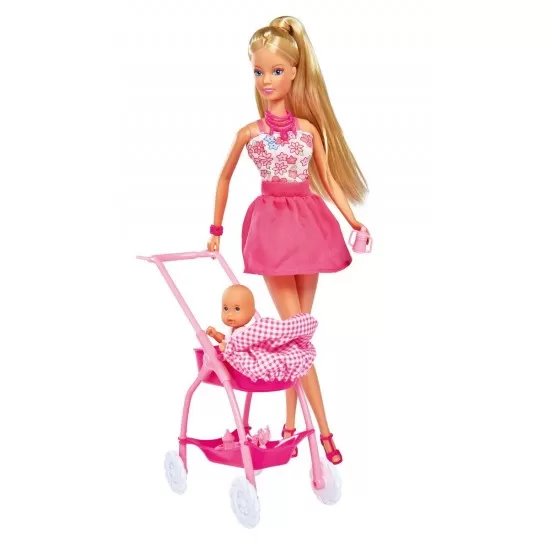 Papusa Steffi in rochita roz si cu carucior bebe Papusa Steffi in rochita roz si cu carucior bebe