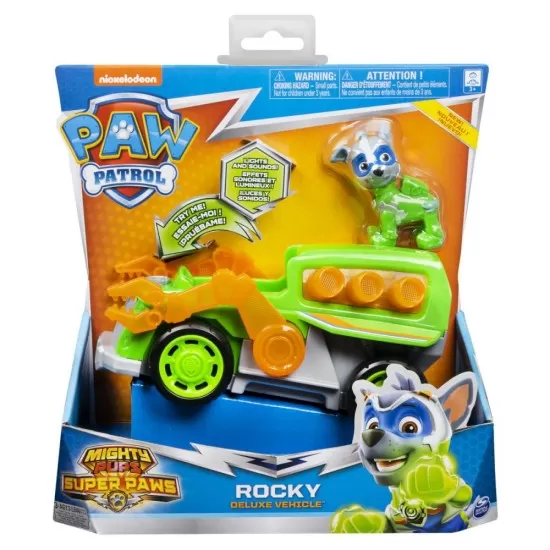 Set figurina Rocky si masina cu lumini si sunete Patrula Catelusilor Set figurina Rocky si masina cu lumini si sunete Patrula Catelusilor