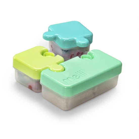 Set 3 recipiente hrana bebe model puzzle, Melii, albastru si verde Set 3 recipiente hrana bebe model puzzle, Melii, albastru si verde