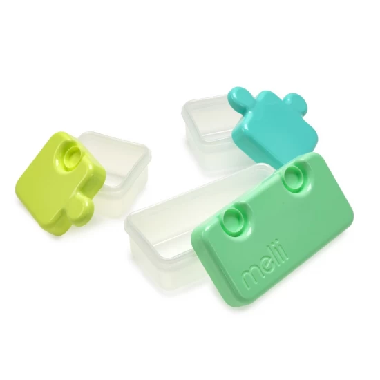 Set 3 recipiente hrana bebe model puzzle, Melii, albastru si verde Set 3 recipiente hrana bebe model puzzle, Melii, albastru si verde