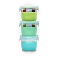 Set 3 recipiente sticla 160 ml cu husa antiderapanta silicon Melii blue mint lime