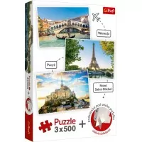 Set puzzle Trefl 3 x 500 piese - Venetia, Paris, Mont Saint-Michel