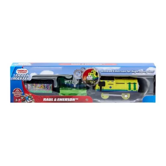 Set locomotiva Thomas Raul si Emerson motorizata cu 2 vagoane si accesorii Set locomotiva Thomas Raul si Emerson motorizata cu 2 vagoane si accesorii