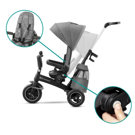 Tricicleta pentru copii Kinderkraft Easytwist Platinum Grey cu scaun reversibil si copertina protectie UV