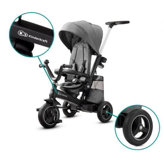 Tricicleta pentru copii Kinderkraft Easytwist Platinum Grey cu scaun reversibil si copertina protectie UV
