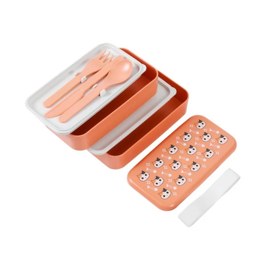 Cutie dubla pentru alimente, cu set de tacamuri, cu design cu pisicute, Orange Cat Cutie dubla pentru alimente, cu set de tacamuri, cu design cu pisicute, Orange Cat