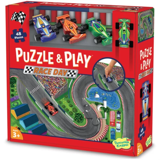 Joc 2 in 1 Puzzle and Play, Masini de curse, Peaceable Kingdom Joc 2 in 1 Puzzle and Play, Masini de curse, Peaceable Kingdom
