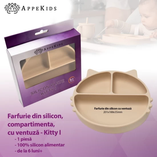 Farfurie compartimentata din silicon cu ventuza AppeKids Kitty Bubble Beige Farfurie compartimentata din silicon cu ventuza AppeKids Kitty Bubble Beige