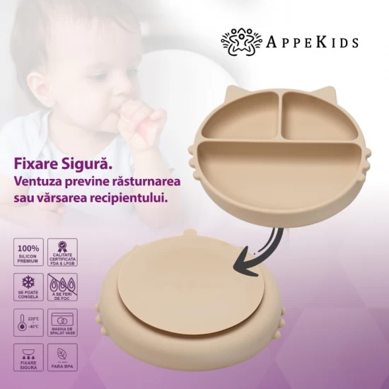Farfurie compartimentata din silicon cu ventuza AppeKids Kitty Bubble Beige Farfurie compartimentata din silicon cu ventuza AppeKids Kitty Bubble Beige